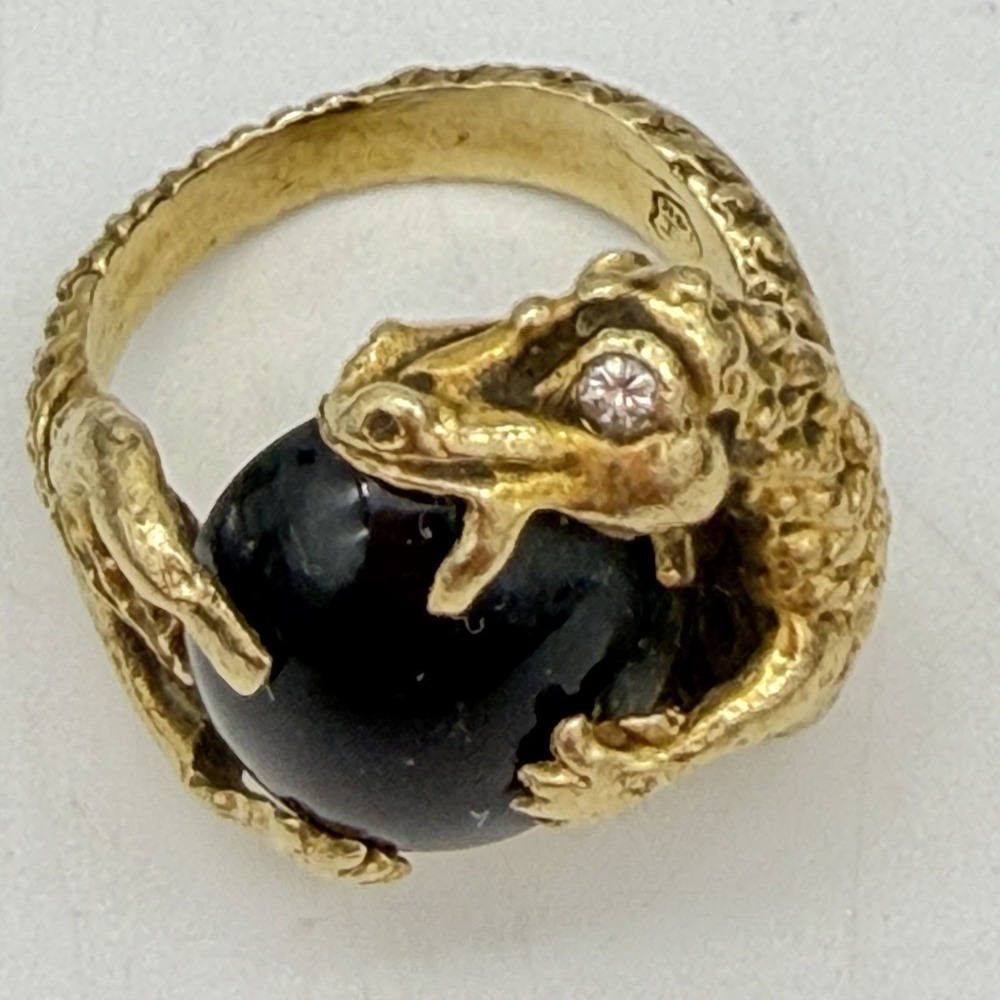 Vtg 14k‎ Yellow Gold Serpent Ring Alligator Dragon Diamond Eye 10.89gr 10.89 Gr